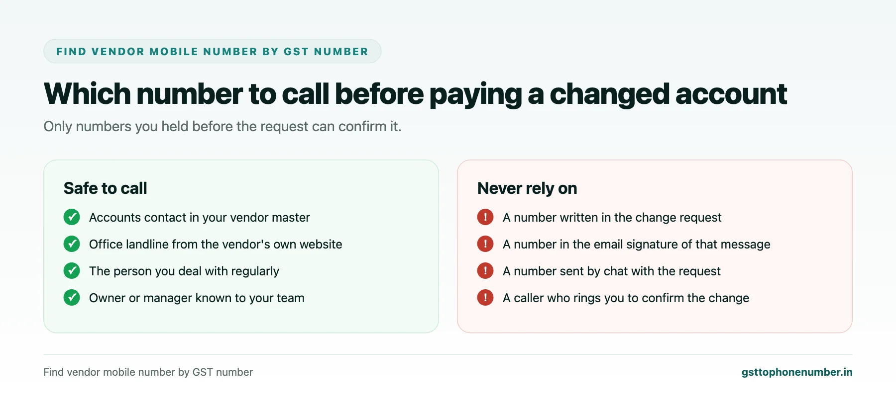 Find vendor mobile number by GST number safe and unsafe numbers for confirming a bank detail change